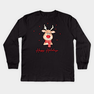 Happy holidays rudolph reindeer in watercolor Kids Long Sleeve T-Shirt